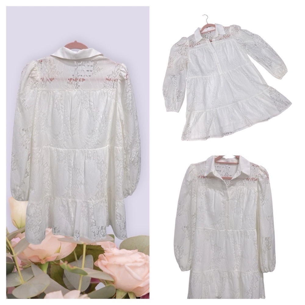 Aeom Womens A Line Dress White Short  Lace Collar Boho style size S